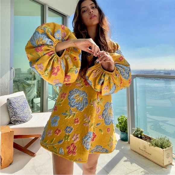 NWT Arianne Elmy Yellow Jacquard Good Luck Dress Floral Long Sleeve Mini Dress M - Picture 1 of 5